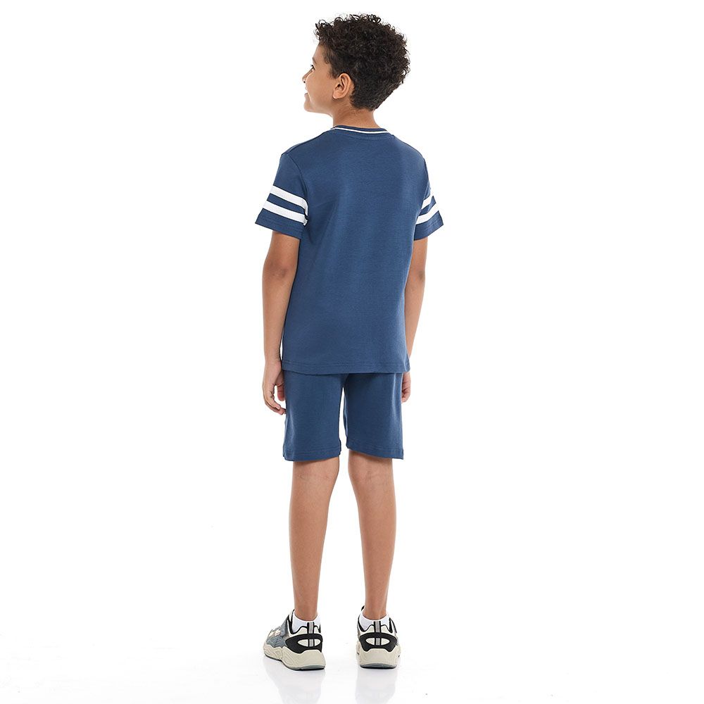 Victor And Jane - 2pc-Set - Boy's LA Embroidered T-Shirt & Shorts - Sea Blue