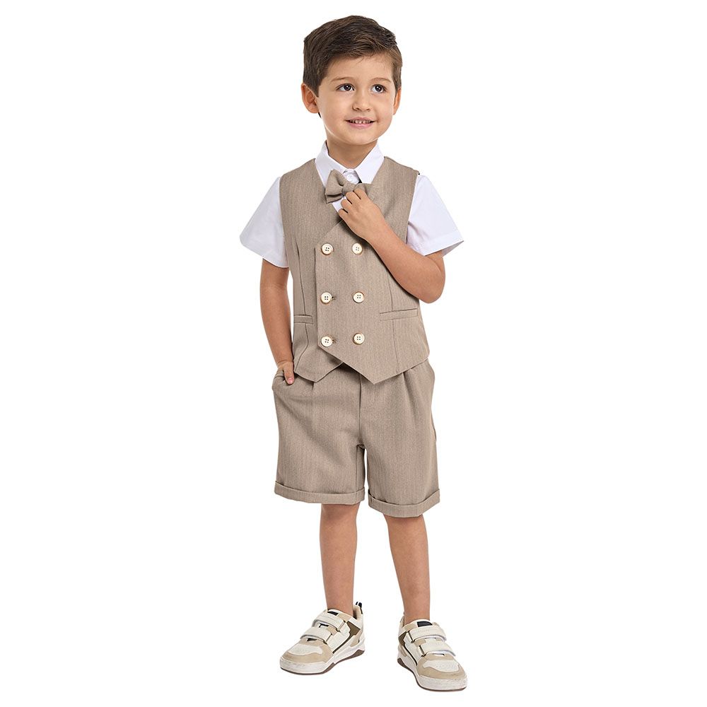 Victor and Jane - Neutral/ Beige Waistcoat + Shortsleeves Polo & Shorts Set With Bow Tie - 2 To 8Y