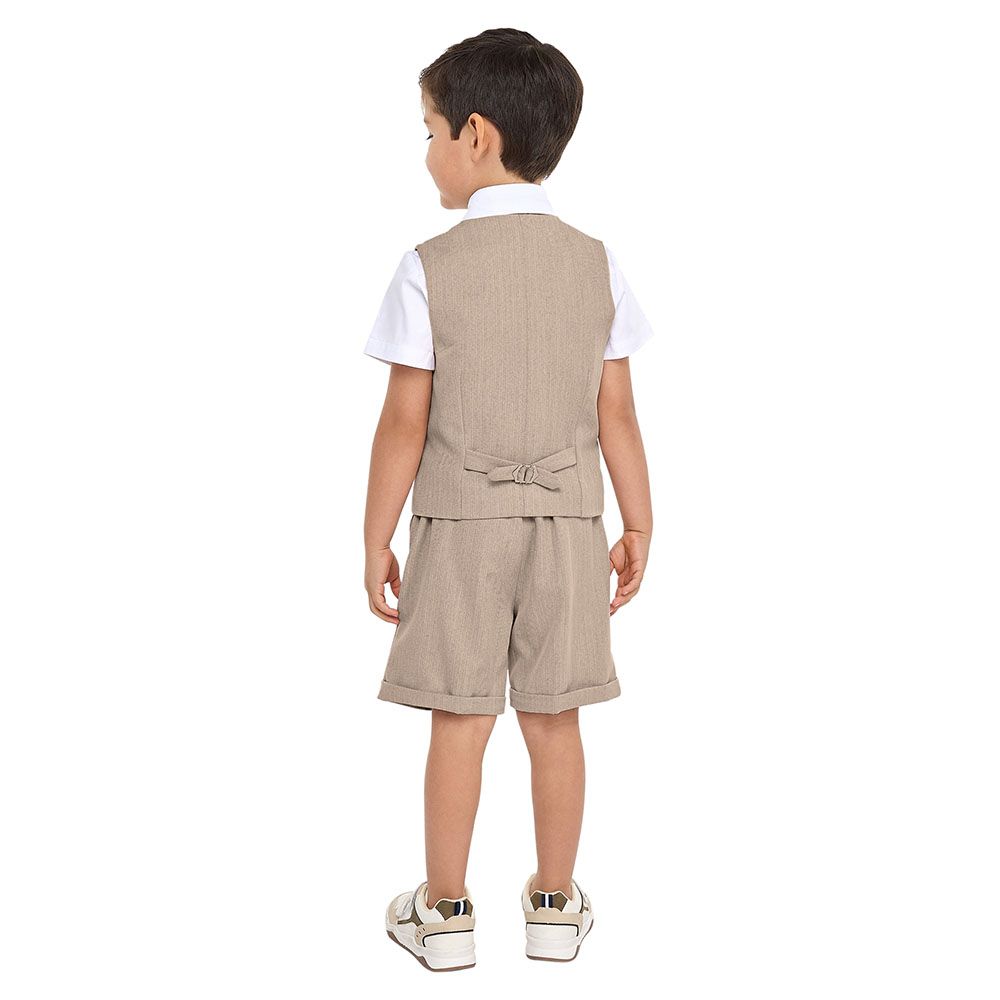 Victor and Jane - Neutral/ Beige Waistcoat + Shortsleeves Polo & Shorts Set With Bow Tie - 2 To 8Y