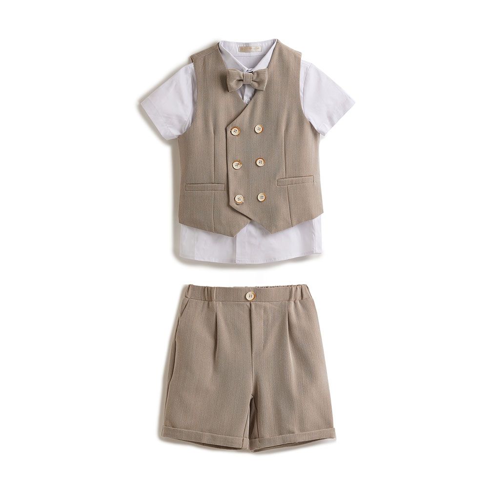 Victor and Jane - Neutral/ Beige Waistcoat + Shortsleeves Polo & Shorts Set With Bow Tie - 2 To 8Y