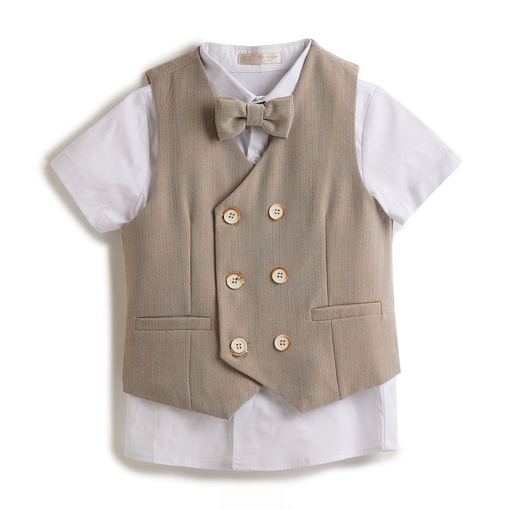 Victor and Jane - Neutral/ Beige Waistcoat + Shortsleeves Polo & Shorts Set With Bow Tie - 2 To 8Y