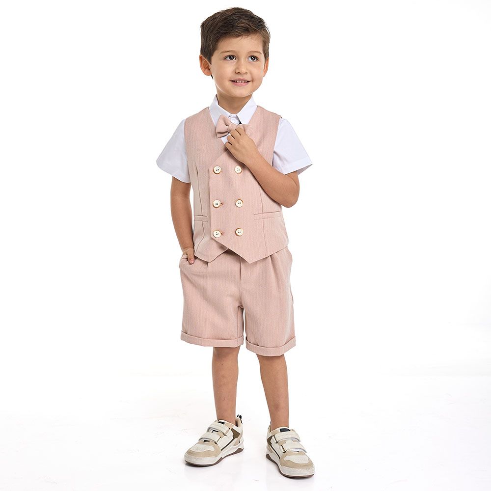 Victor and Jane - Salmon Color Waistcoat + Shortsleeves Polo & Shorts Set With Bow Tie - 2 To 8Y