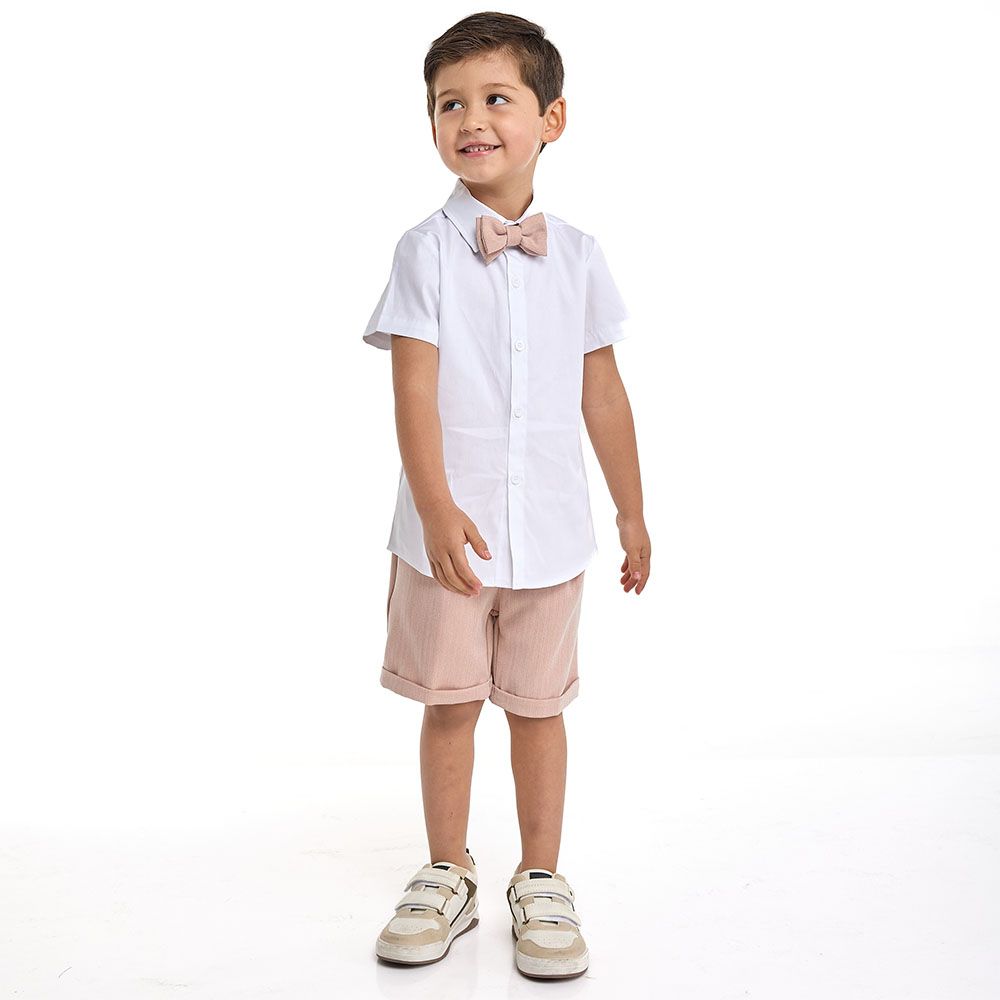 Victor and Jane - Salmon Color Waistcoat + Shortsleeves Polo & Shorts Set With Bow Tie - 2 To 8Y