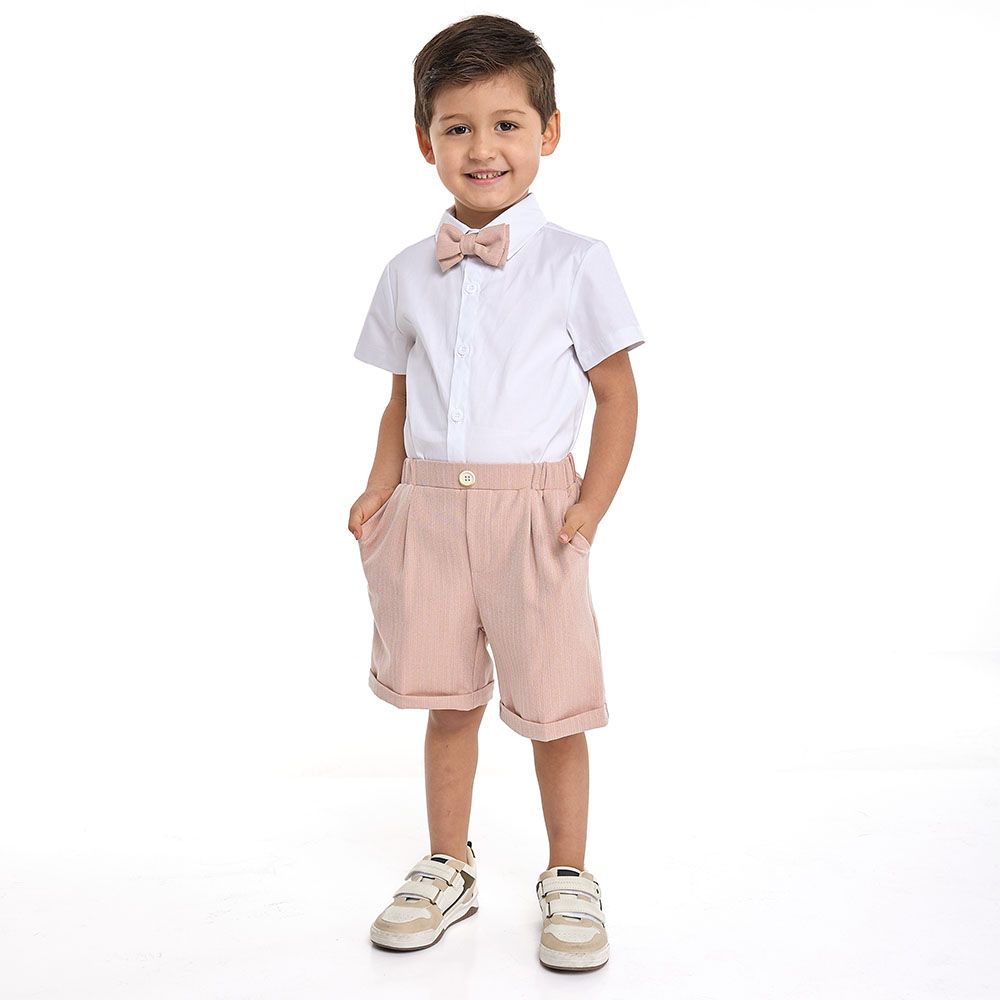 Victor and Jane - Salmon Color Waistcoat + Shortsleeves Polo & Shorts Set With Bow Tie - 2 To 8Y