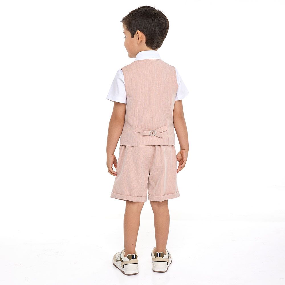 Victor and Jane - Salmon Color Waistcoat + Shortsleeves Polo & Shorts Set With Bow Tie - 2 To 8Y