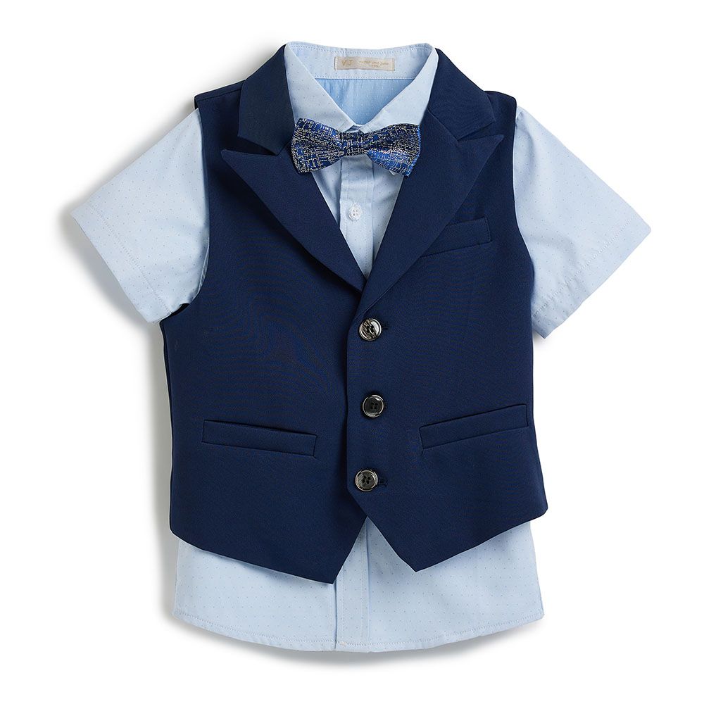 Victor and Jane - Blue Color Waistcoat + Shortsleeves Polo & Shorts Set With Bow Tie - 2 To 8Y