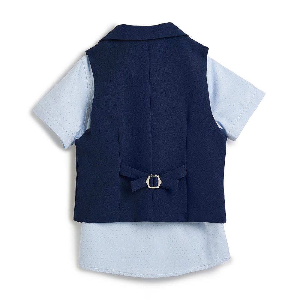 Victor and Jane - Blue Color Waistcoat + Shortsleeves Polo & Shorts Set With Bow Tie - 2 To 8Y