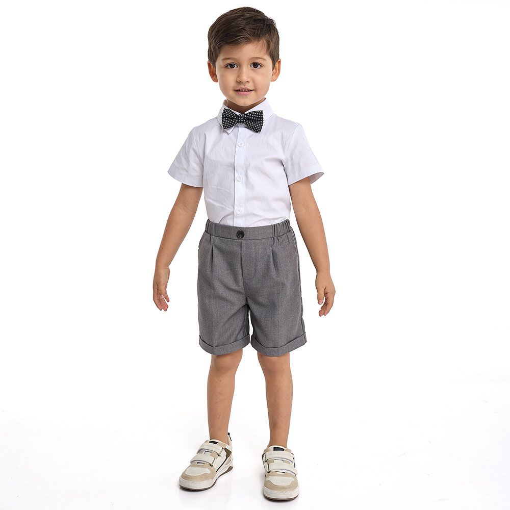 Victor and Jane - GreY Waistcoat + Shortsleeves Polo & Shorts Set With Bow Tie - 2 To 8Y