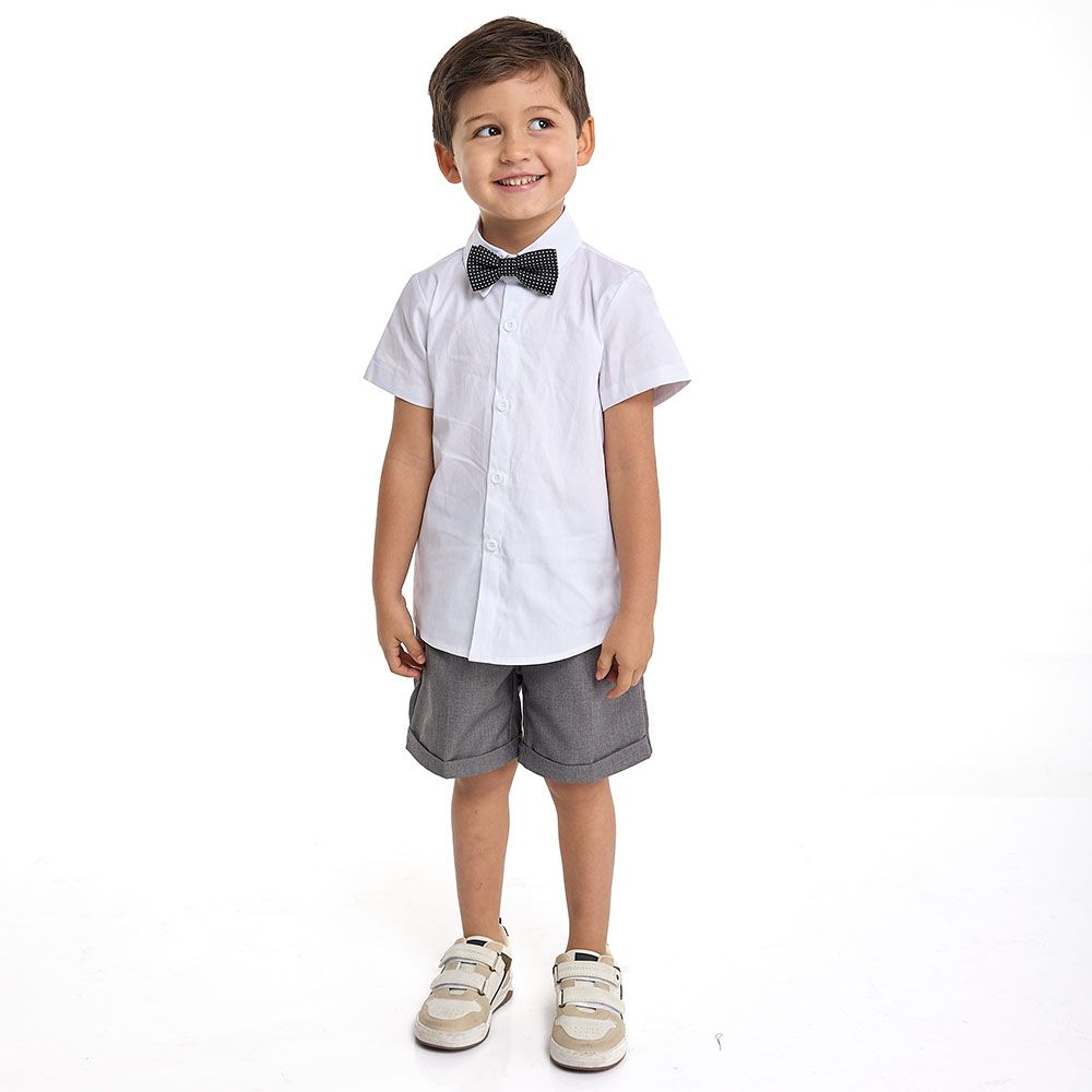 Victor and Jane - GreY Waistcoat + Shortsleeves Polo & Shorts Set With Bow Tie - 2 To 8Y