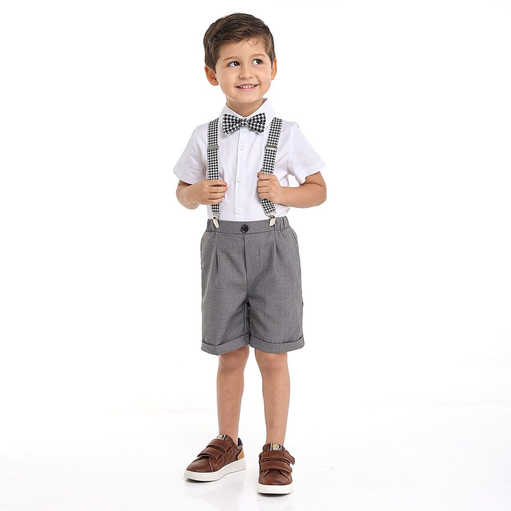 Victor and Jane - GreY Shorts And Braces Set + Shortsleeves Polo With Shorts Set & Bow Tie - 2 To 8Y