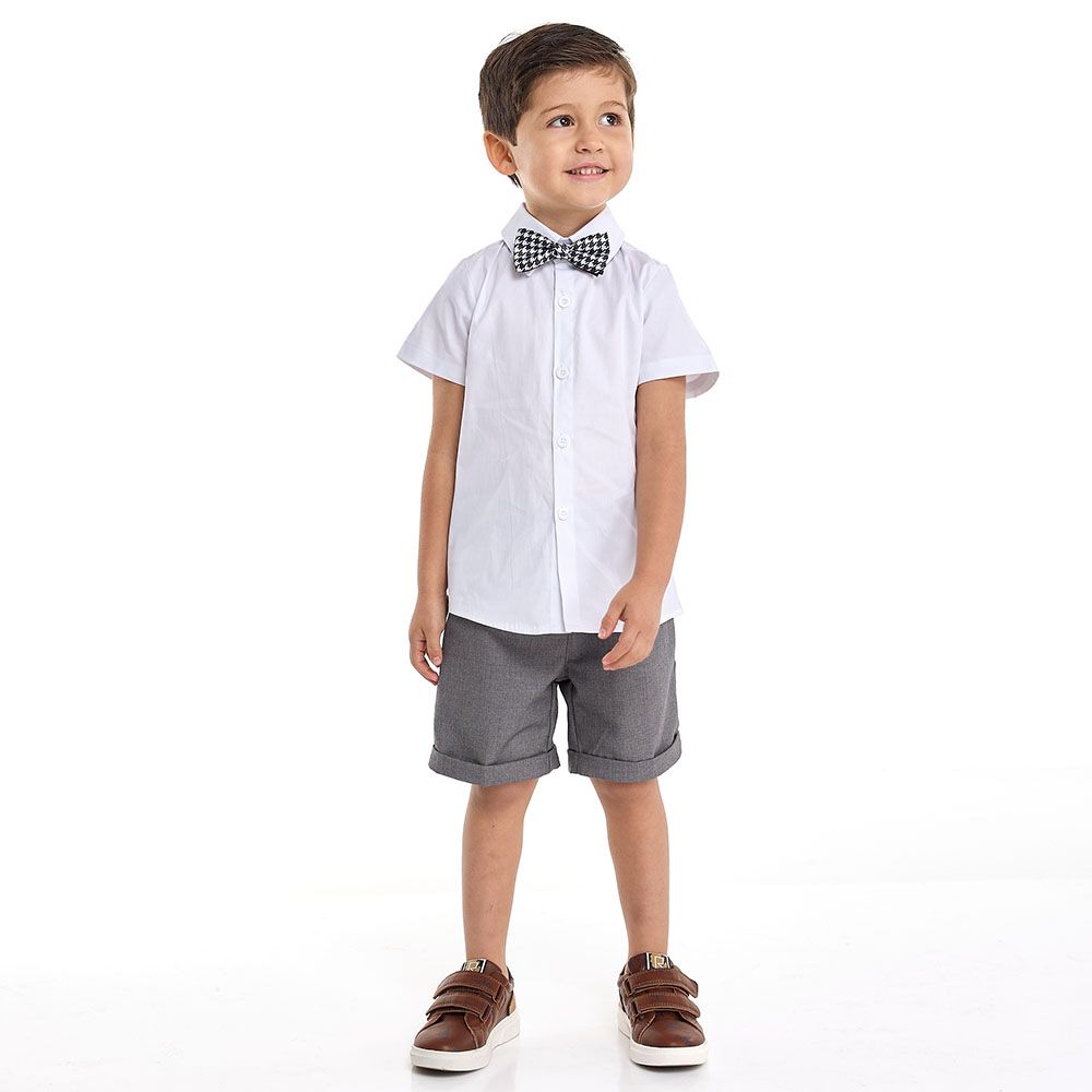 Victor and Jane - GreY Shorts And Braces Set + Shortsleeves Polo With Shorts Set & Bow Tie - 2 To 8Y