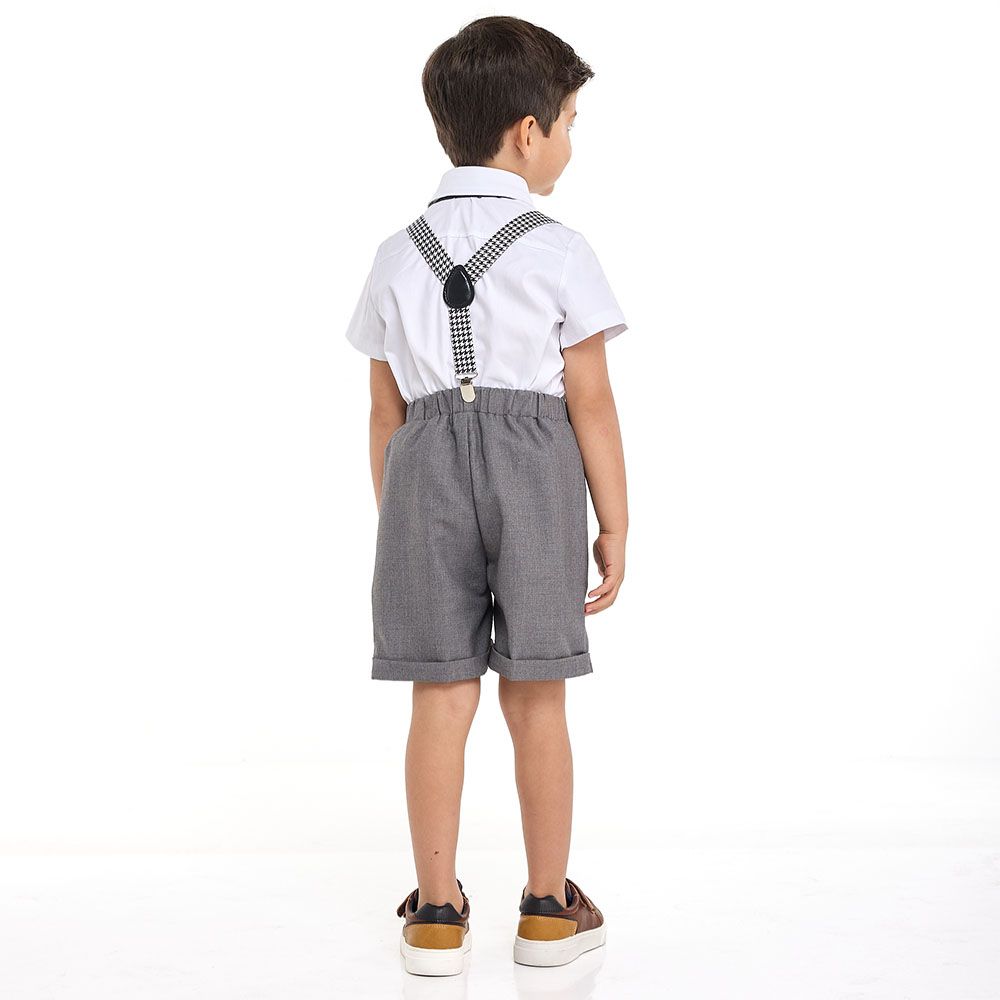 Victor and Jane - GreY Shorts And Braces Set + Shortsleeves Polo With Shorts Set & Bow Tie - 2 To 8Y