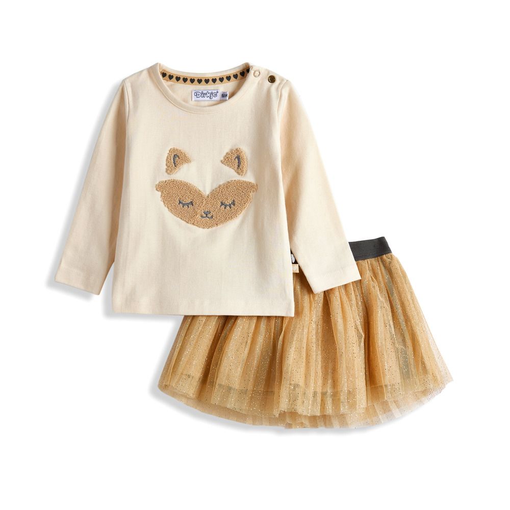 Dirkje - 2pc-Set - Girl' Top And Mesh Skirt - Off-White/Dark Sand