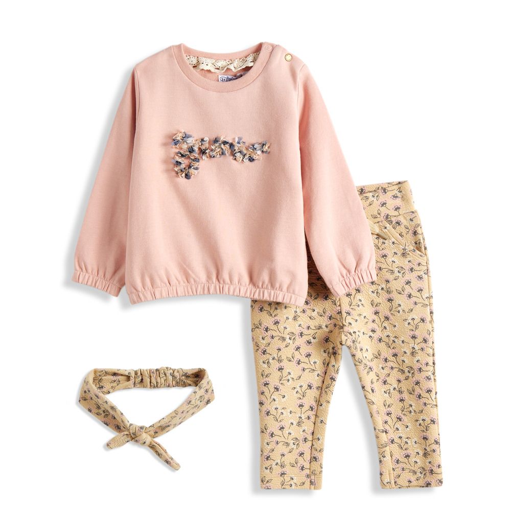 Dirkje - 3pc-Set - Girl's Top And Printed Pants With Headband - Bushed Pink/Dark Sand