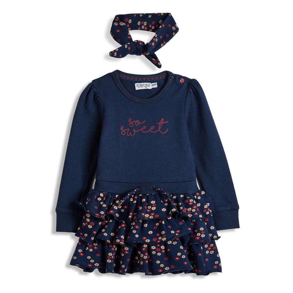 Dirkje - Girl's Long Sleeve Frill Dress - Navy Blue