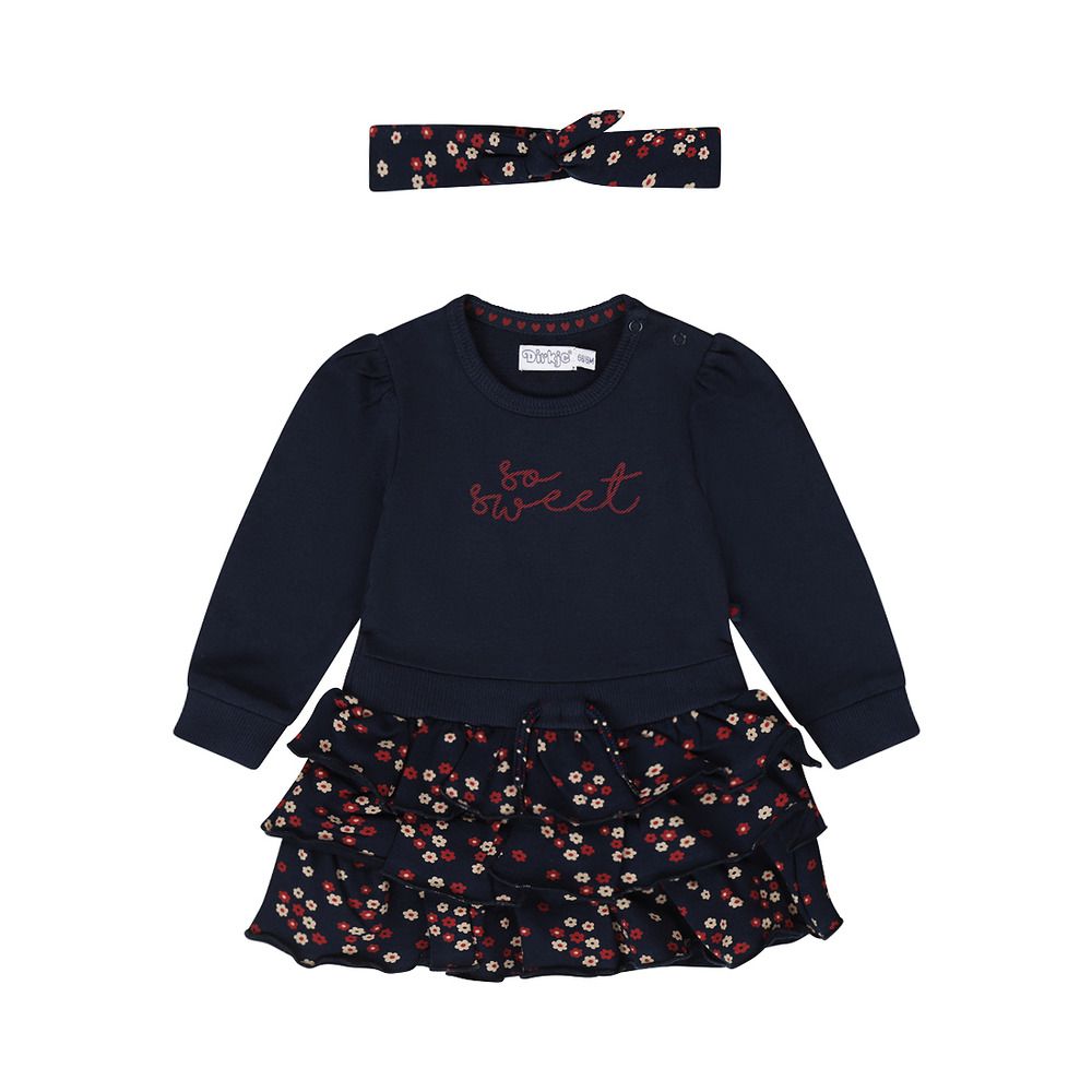 Dirkje - Girl's Long Sleeve Frill Dress - Navy Blue