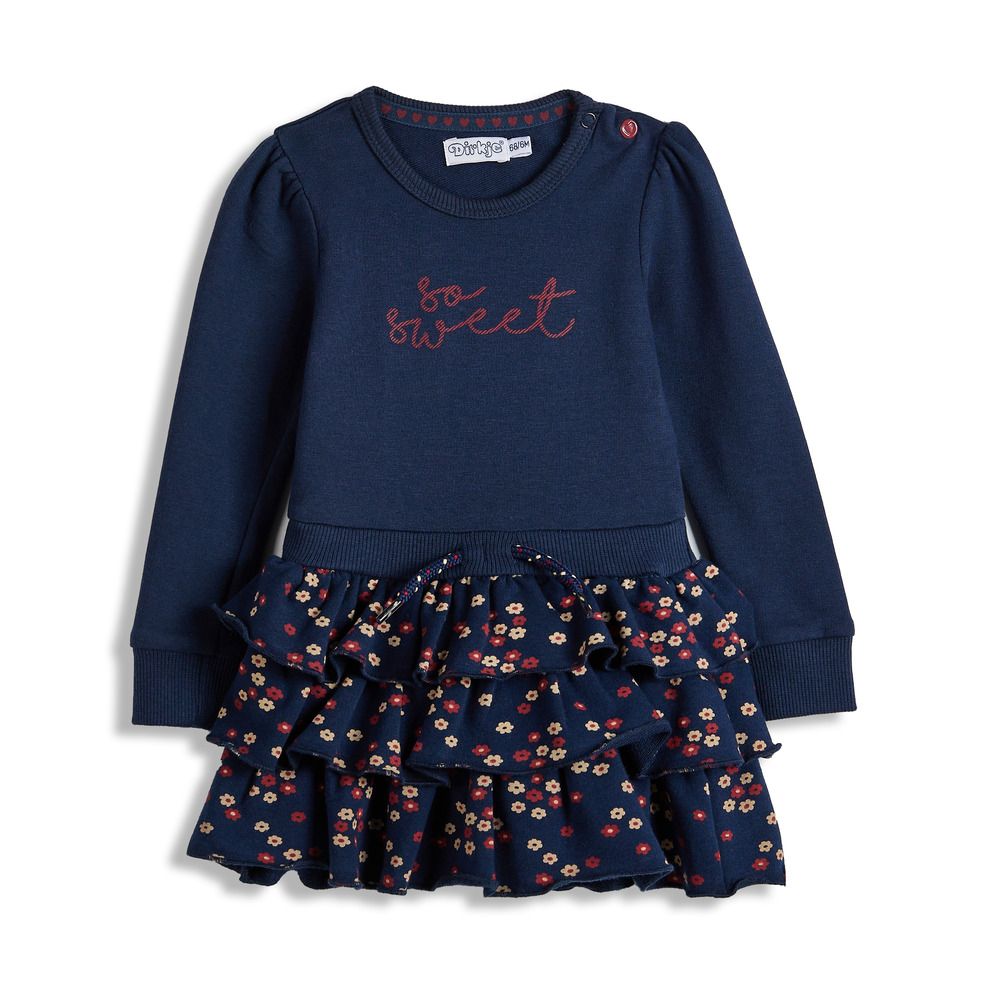 Dirkje - Girl's Long Sleeve Frill Dress - Navy Blue