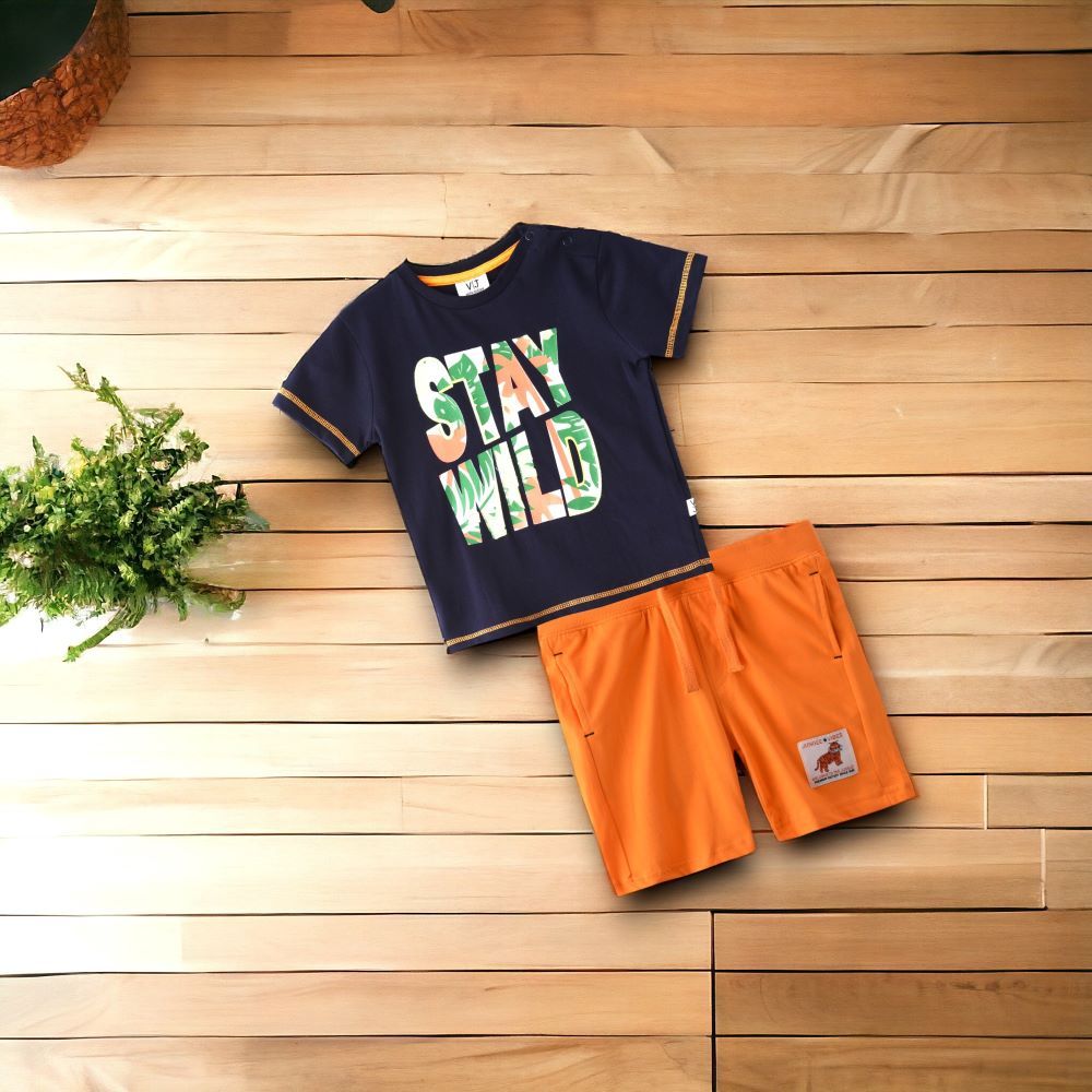 Victor and Jane - 2pc-Set - Baby Boy Stay Wild T-Shirt & Shorts Set - Navy/Orange