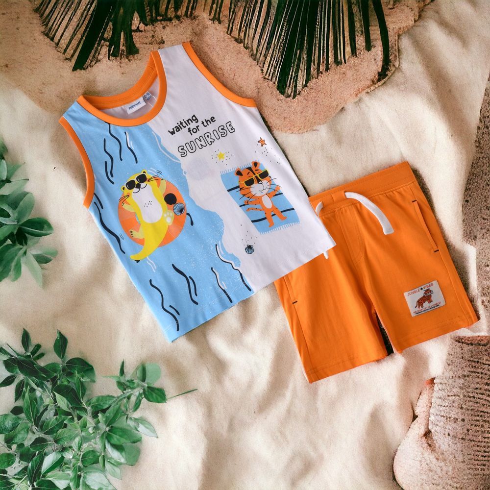 Victor and Jane - 2pc-Set - Baby Boy Printed Summer Vibes Vest & Shorts Set - Ivory/Orange