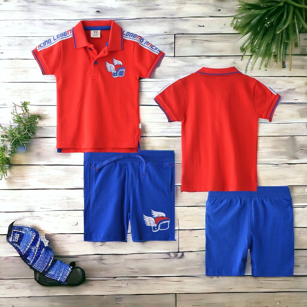 Victor and Jane - 2pc-Set - Baby Boy Classic Polo T-Shirt & Shorts Set - Red/Blue