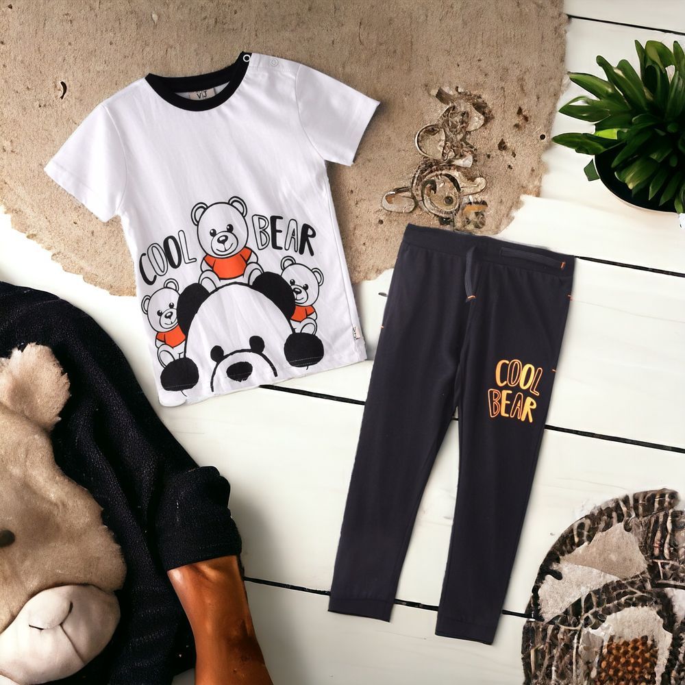 Victor and Jane - 2pc-Set - Baby Boy Cool Bear T-Shirt & Jogger Set - White/Black