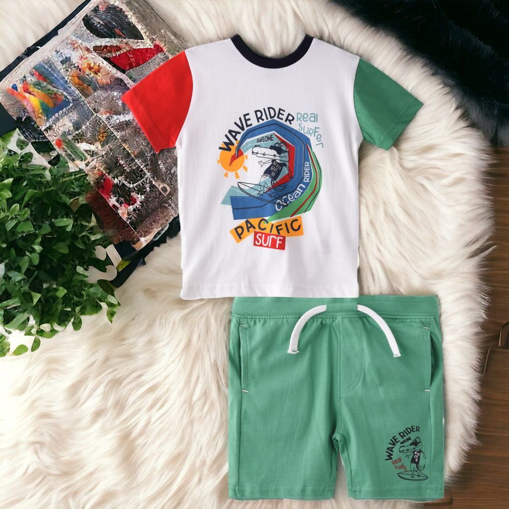 Victor and Jane - 2pc-Set - Baby Boy Wave Rider T-Shirt & Shorts Set - White/Green/Red