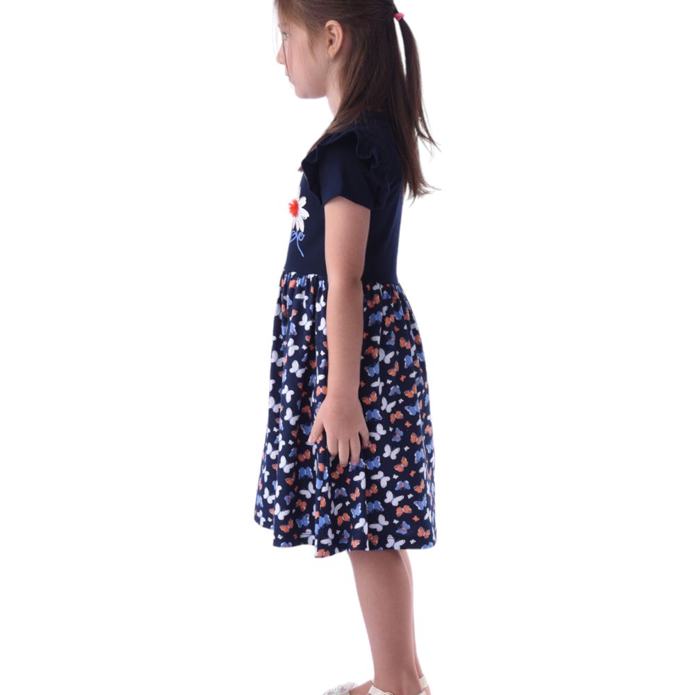 Victor and Jane - Girls' Summer Dress with Flutter Sleeve - Flower - Blue