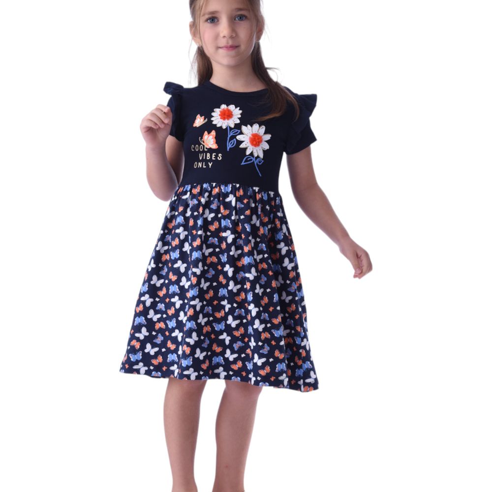 Victor and Jane - Girls' Summer Dress with Flutter Sleeve - Flower - Blue