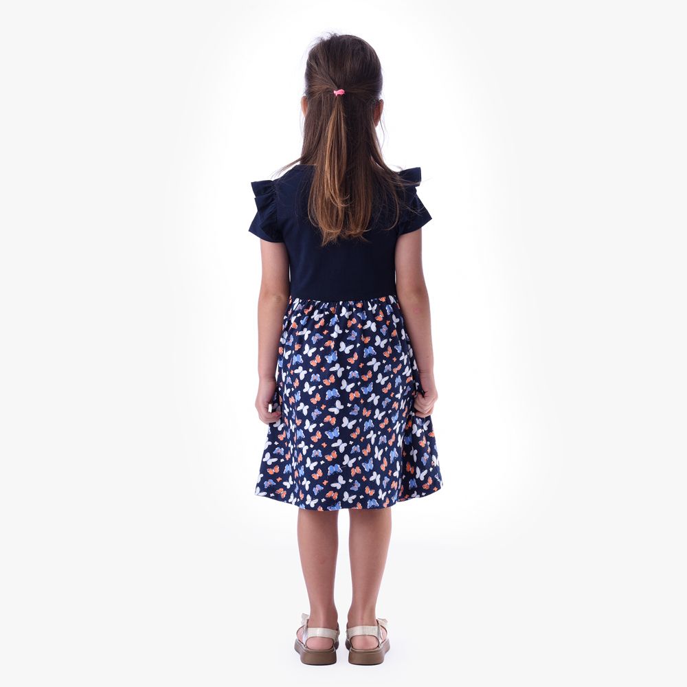 Victor and Jane - Girls' Summer Dress with Flutter Sleeve - Flower - Blue