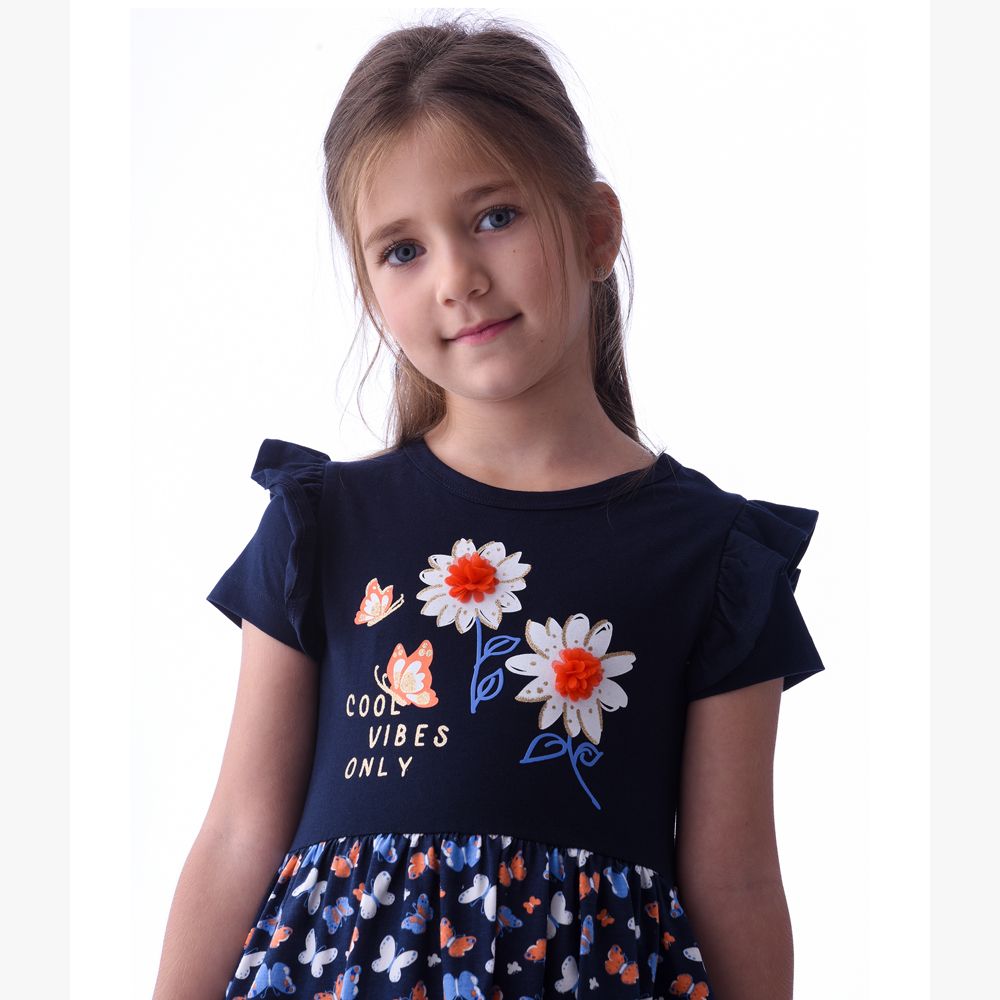 Victor and Jane - Girls' Summer Dress with Flutter Sleeve - Flower - Blue