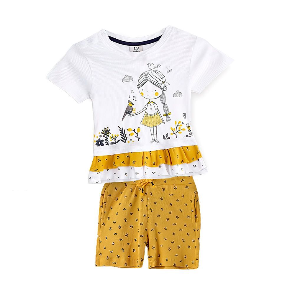 Victor and Jane - Baby Girls' Tiered Top And Short - Off-White/Mustard