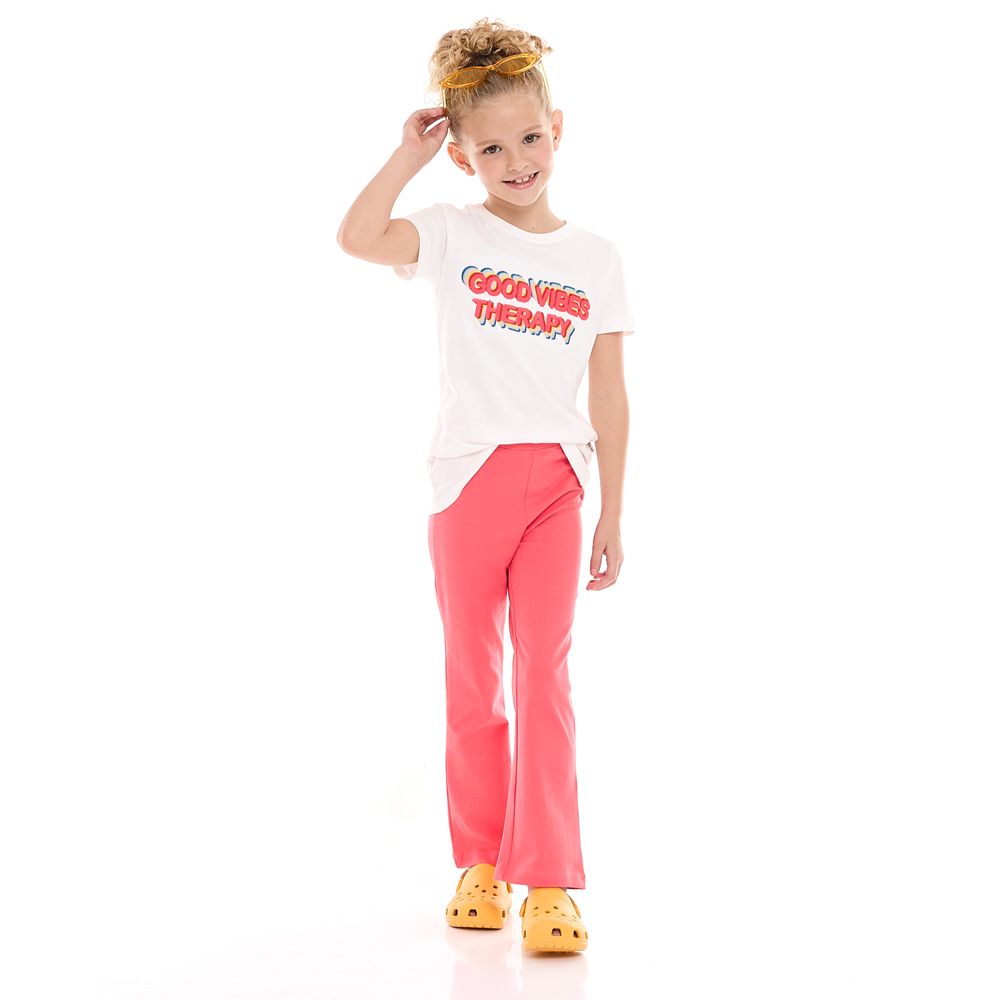 Victor and Jane - 2pc-Set - Girl's Tee And Flared Legging Outfit - Off-White/Coral