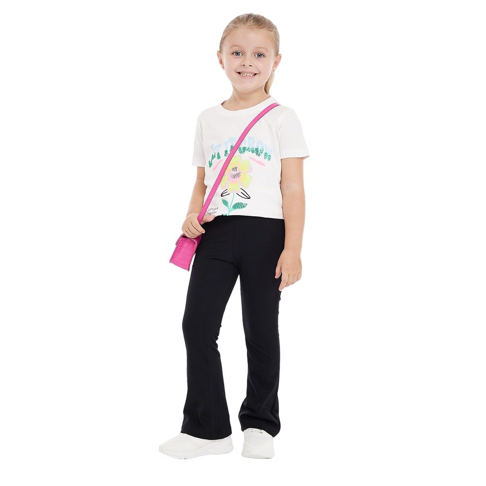 Victor and Jane - 2pc-Set - Girl's Tee And Flared Legging Outfit - Off-White/Black