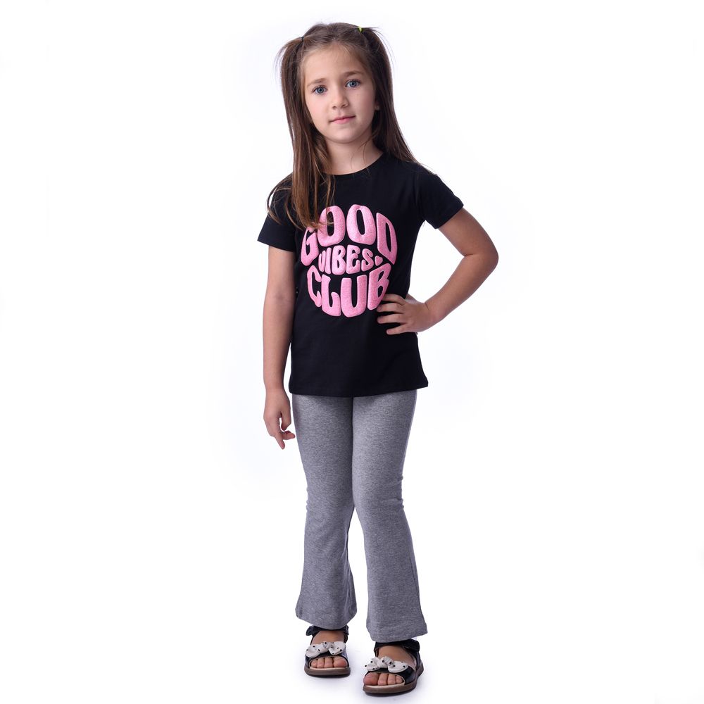 Victor and Jane - 2pc-Set - Girl's Tee And Flared Legging Outfit -  Black/Grey