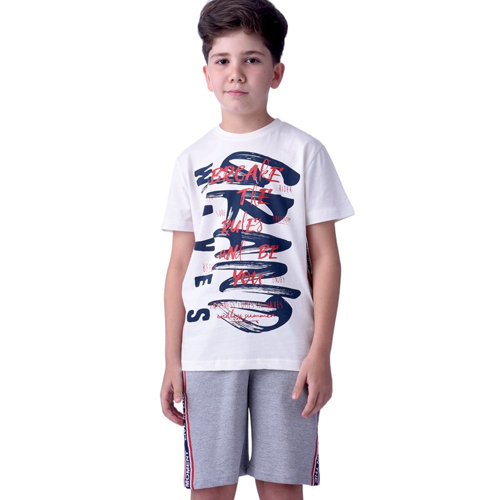 Victor and Jane - Senior Boys' Printed T-Shirt & Shorts - 2pc Set - Ivory/Grey