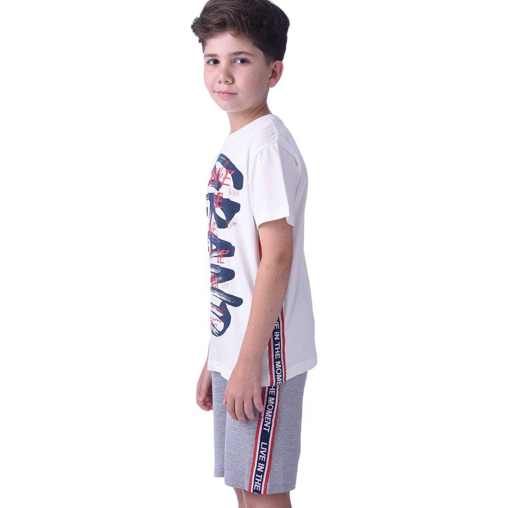 Victor and Jane - Senior Boys' Printed T-Shirt & Shorts - 2pc Set - Ivory/Grey