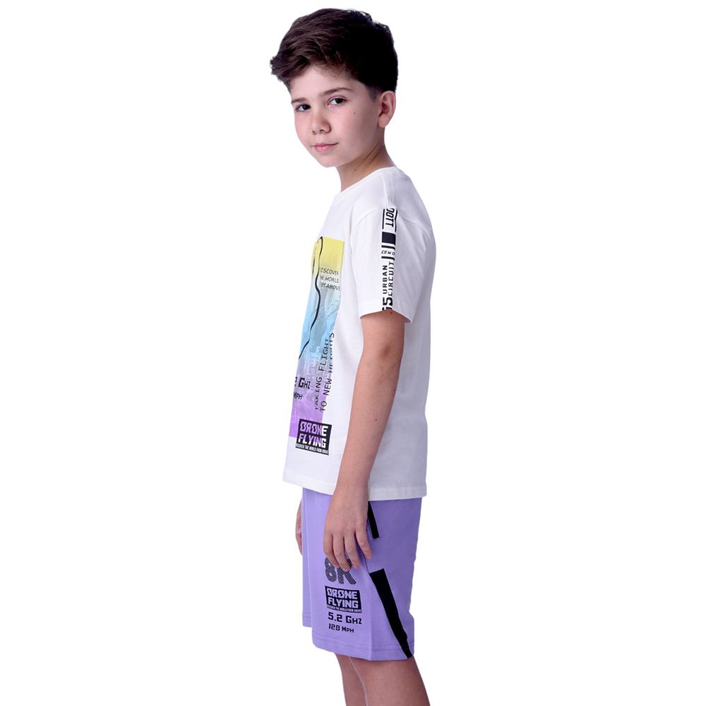 Victor and Jane - Senior Boys' 9G,8k Printed T-Shirt & Shorts - 2pc Set - Ivory/Lilac