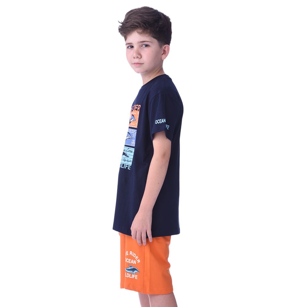 Victor and Jane - Senior Boys' Dive Rider T-Shirt & Shorts 2pc Set - Navy/Orange