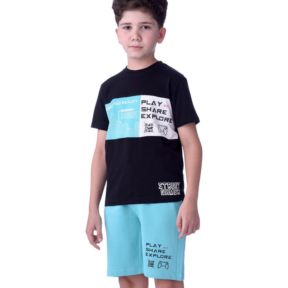 Victor and Jane - Boys T-Shirt And Shorts - 2pc Set - Black/Blue