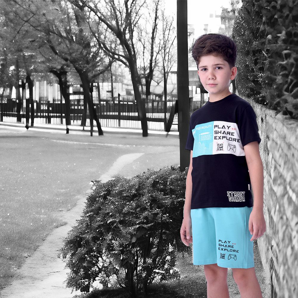 Victor and Jane - Boys T-Shirt And Shorts - 2pc Set - Black/Blue