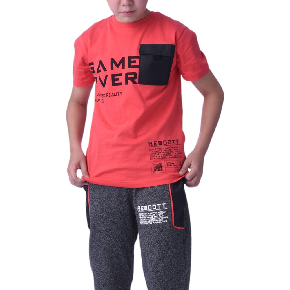 Victor and Jane - Senior Boys' Game Over T-Shirt & Jogger - 2pc Set - Coral/Black