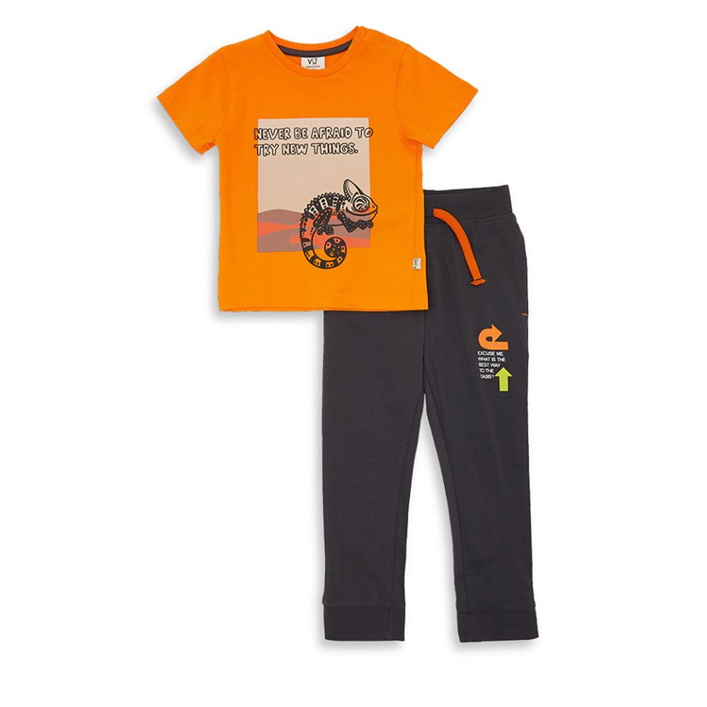 Victor and Jane - Baby Boy T-Shirt & Joggers 2pc Set - Orange/Grey