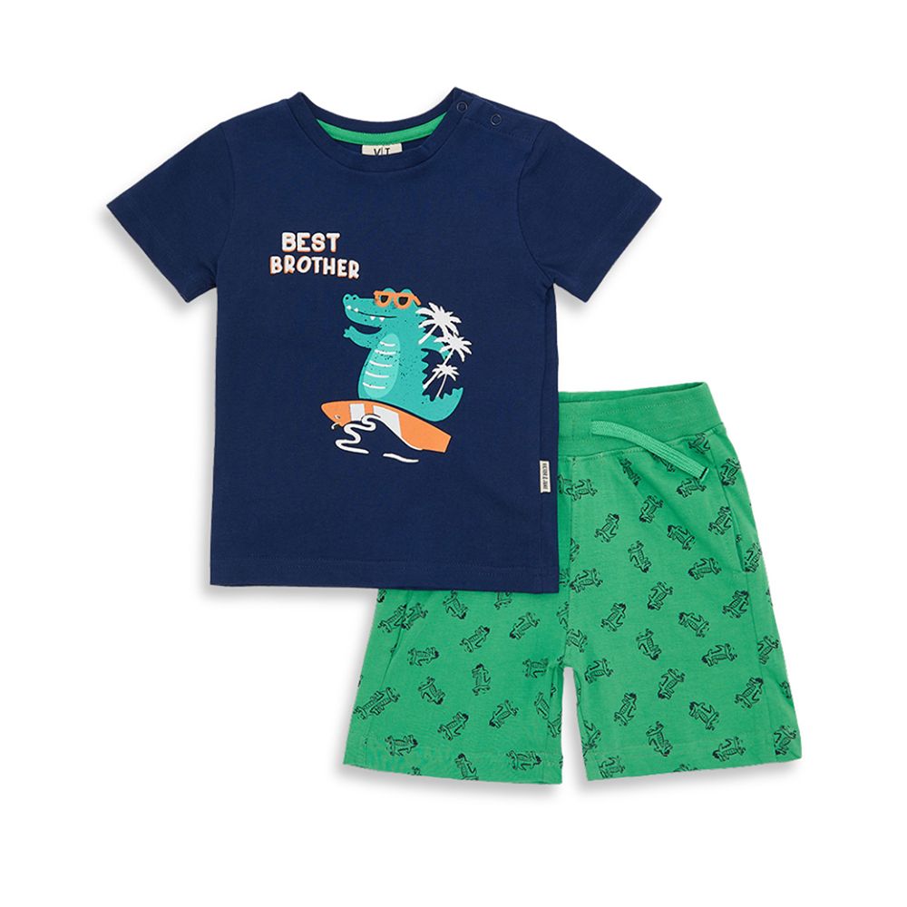 Victor and Jane - 2pc-Set - AOP Baby Boy Smart Brother T-Shirt & Shorts Set - Blue/Green