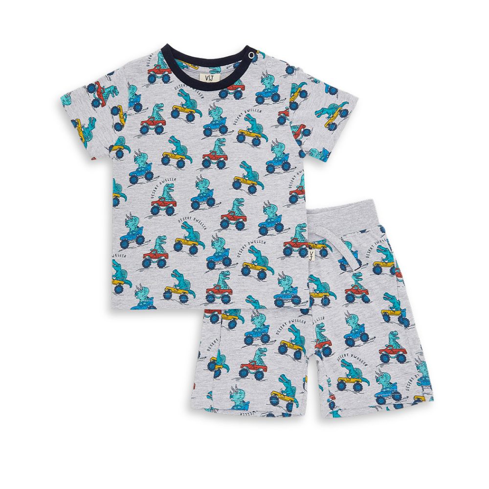 Victor and Jane - 2pc-Set - AOP Baby Boy T-Shirt & Shorts Set - Light Grey