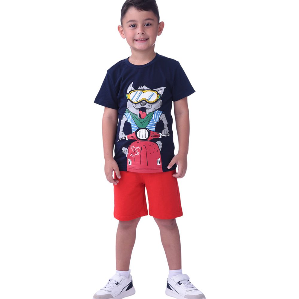 Victor and Jane - 2pc-Set - Printed T-shirt & Shorts - Navy/Red