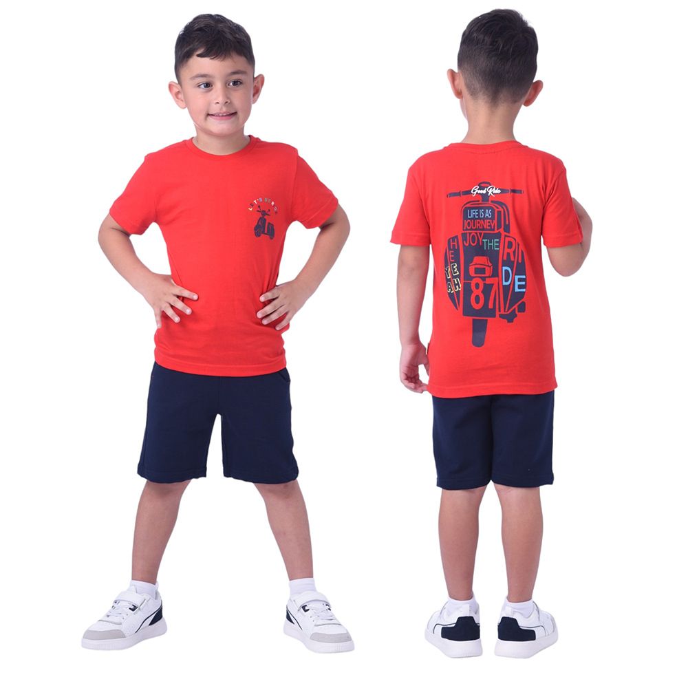 Victor and Jane - 2pc-Set - Lets Go Ride T-shirt & Shorts - Red/Navy