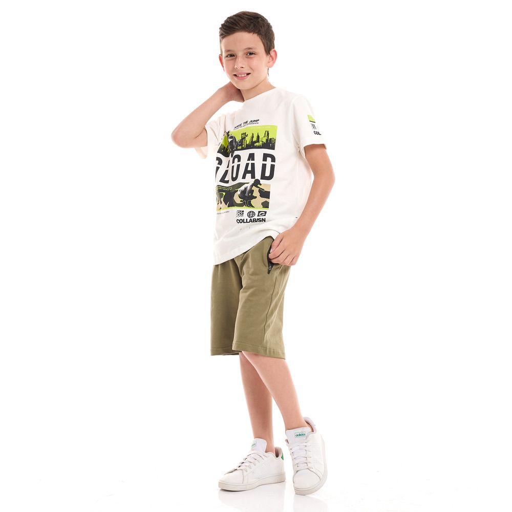 Victor and Jane - 2pc-Set - Boy's T-Shirt And Shorts - Off-White/Olive