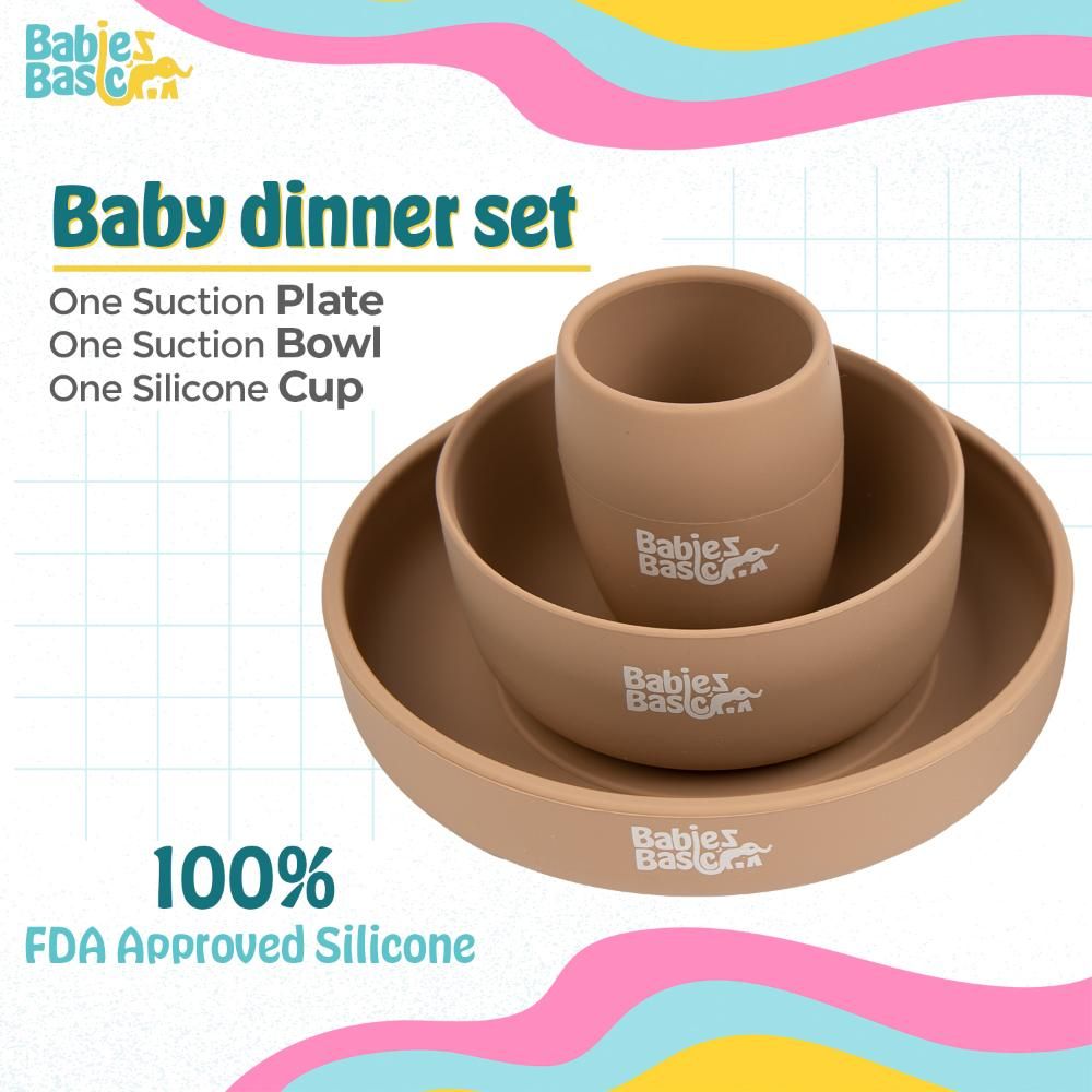 Babies Basic - Silicone Plate, Bowl, Cup And Cutlery With Case Set - Brown - 5pcs