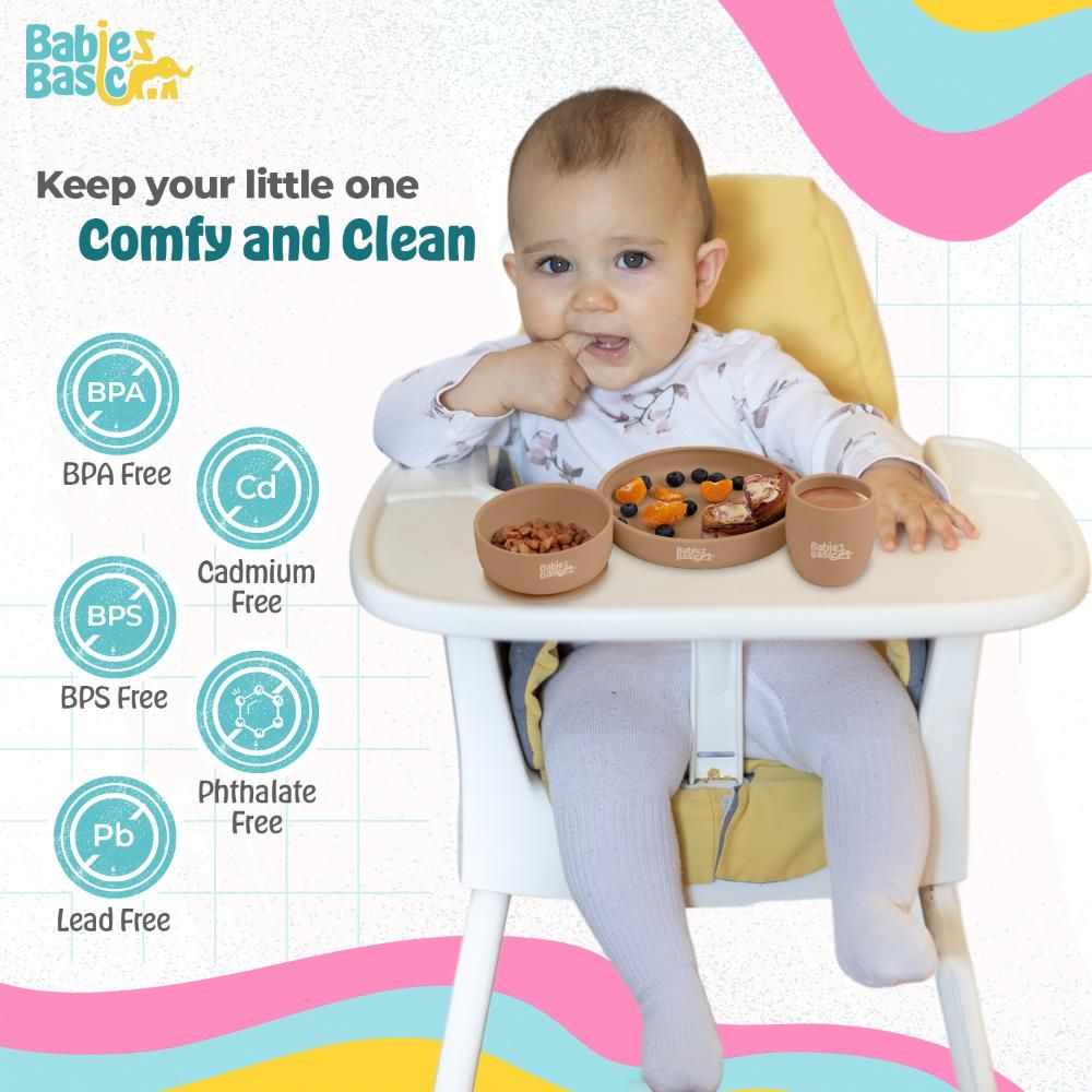 Babies Basic - Silicone Plate, Bowl, Cup And Cutlery With Case Set - Brown - 5pcs