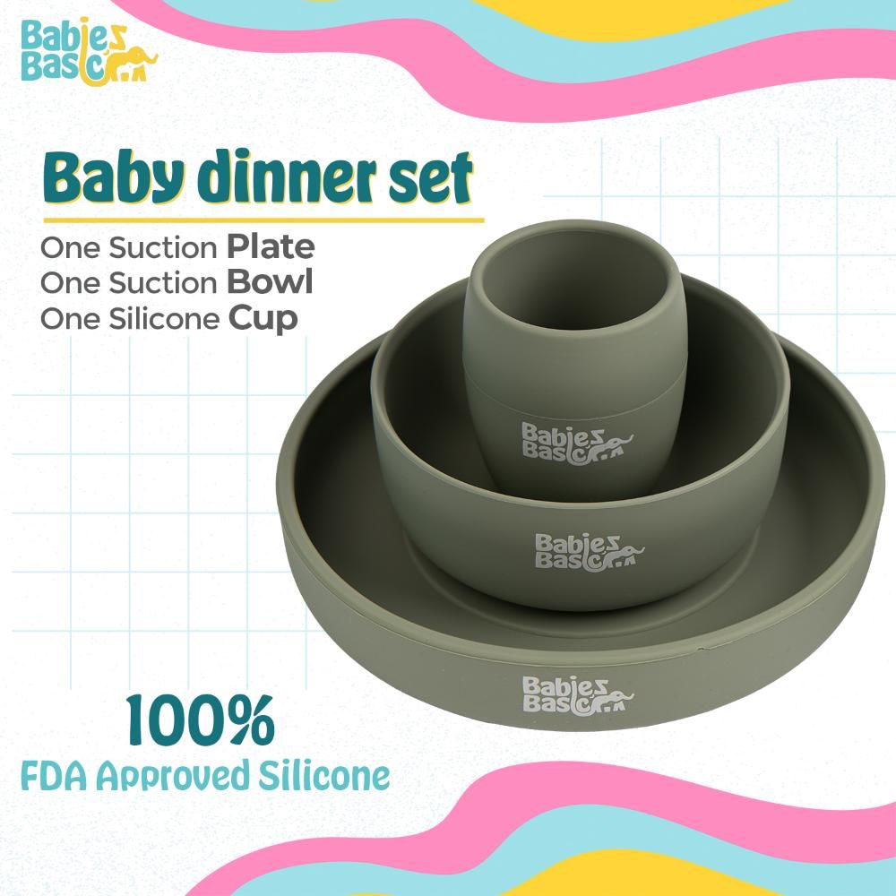 Babies Basic - Silicone Plate, Bowl, Cup And Cutlery With Case Set - Green - 5pcs